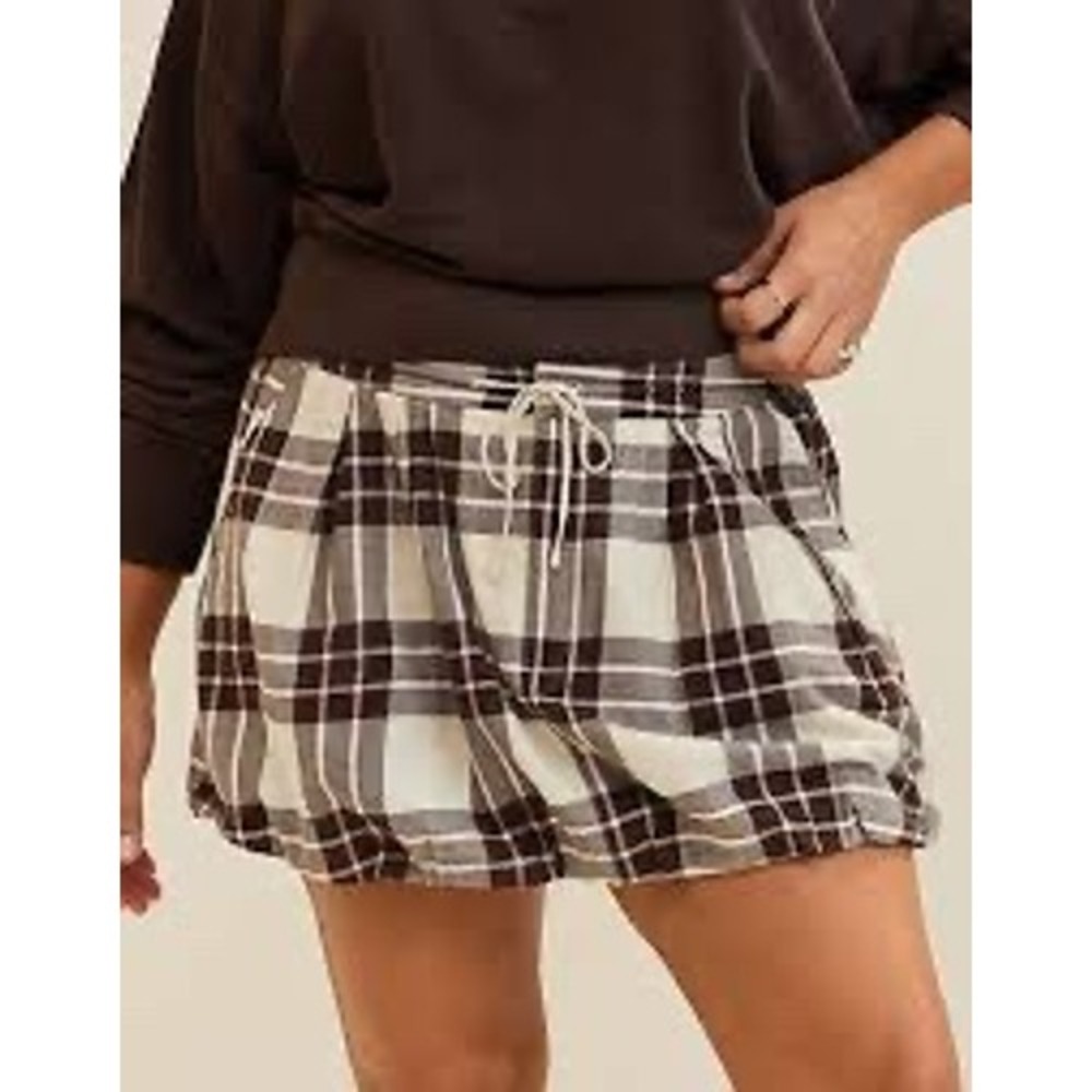 Aerie Plaid Bubble Mini Skirt Brown Pink Cream Cotton Blend Size‎ Medium NWT